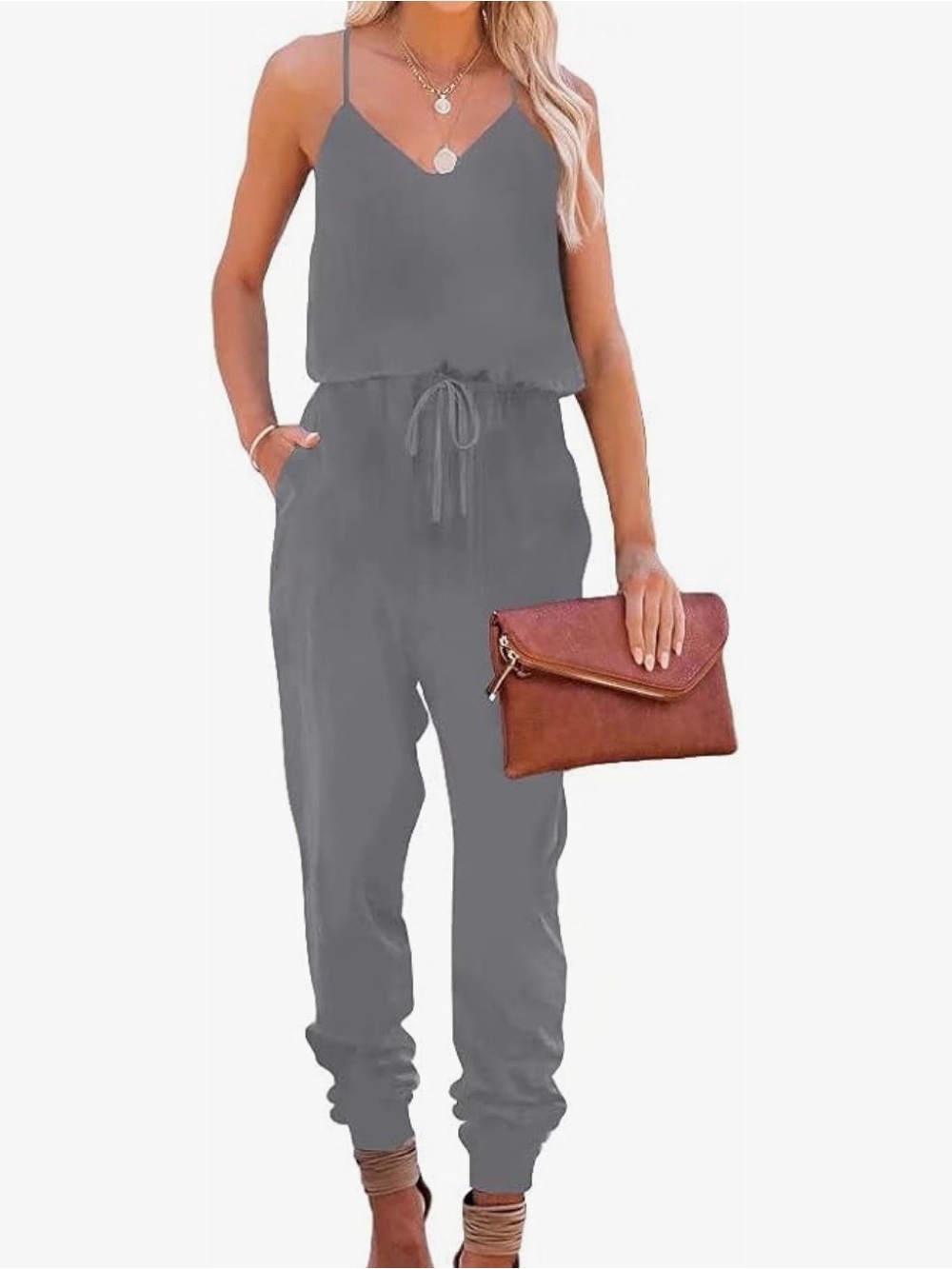 Lacozy Casual Jumpsuits Spaghetti Strap V Neck Drawstring Rompers Gray, S